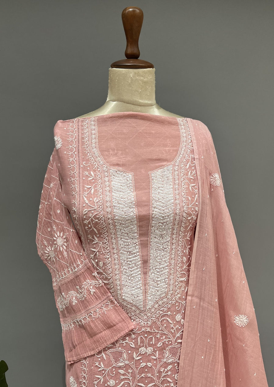 Mul Chanderi Chikankari Unstitch 2pc Suit Set - Rose Pink