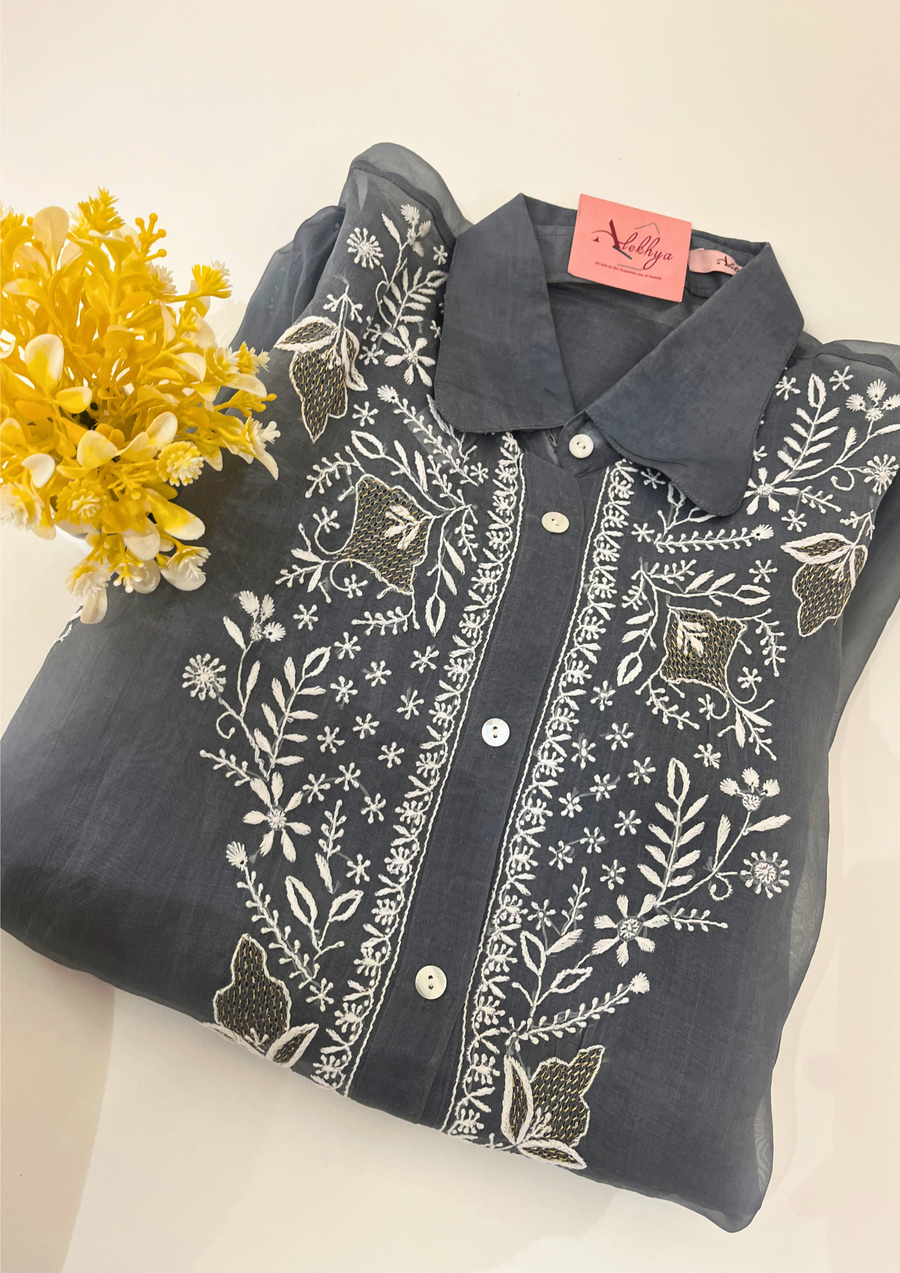 Chikankari Organza Shirt - Grisaille Grey