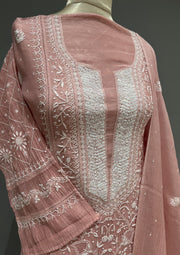 Mul Chanderi Chikankari Unstitch 2pc Suit Set - Rose Pink
