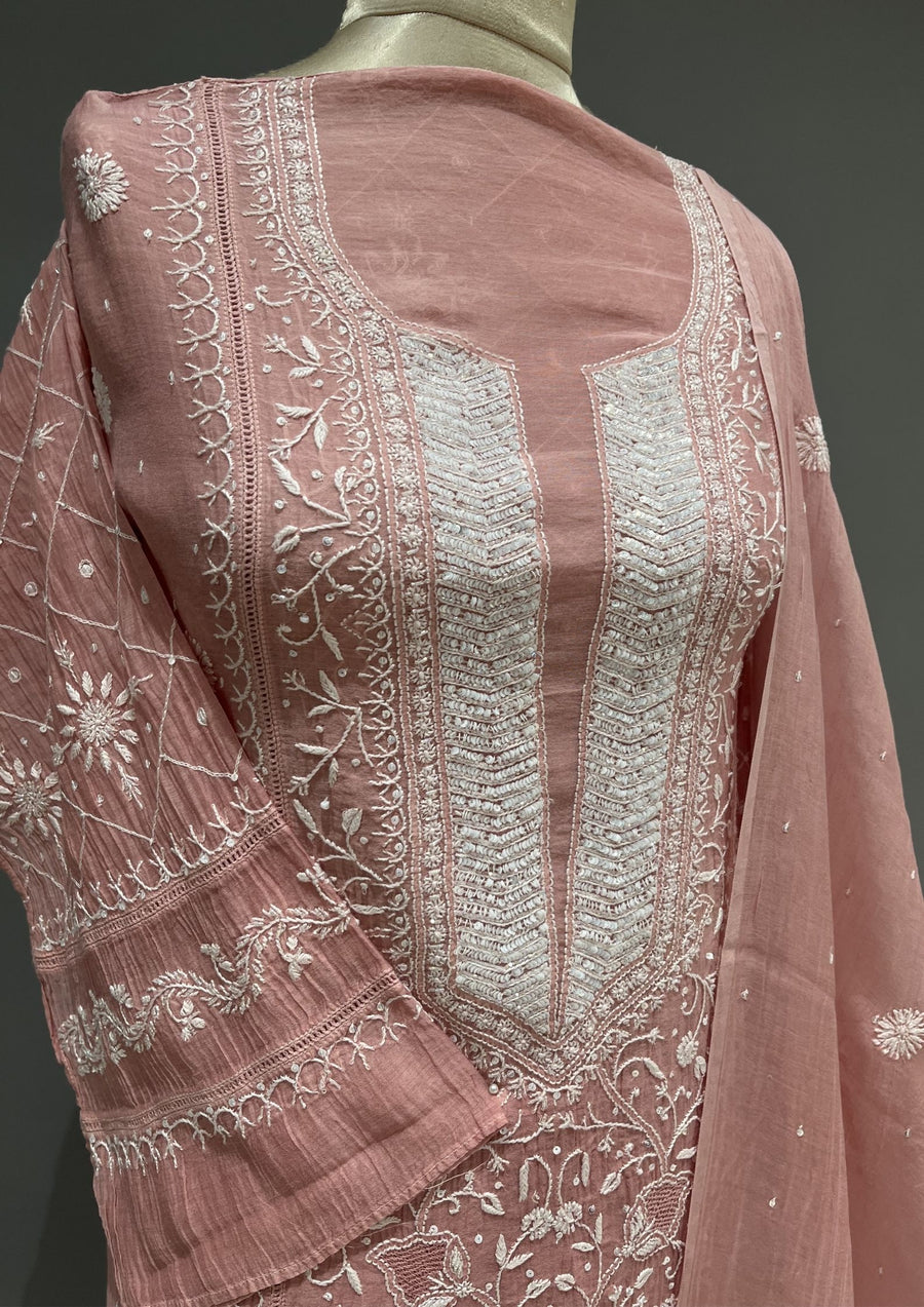 Mul Chanderi Chikankari Unstitch 2pc Suit Set - Rose Pink