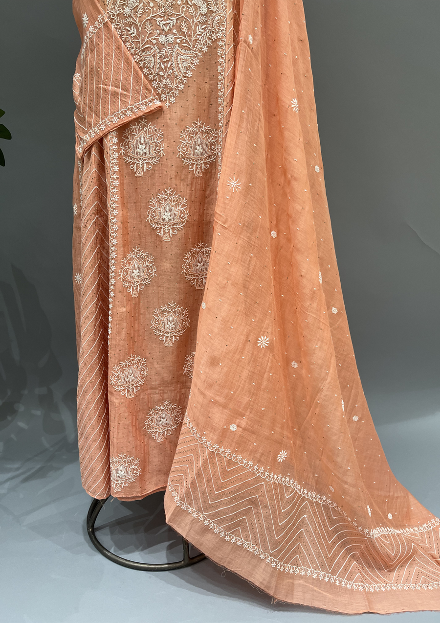 Chikankari Mul Chanderi Anarkali Set- Rust Orange