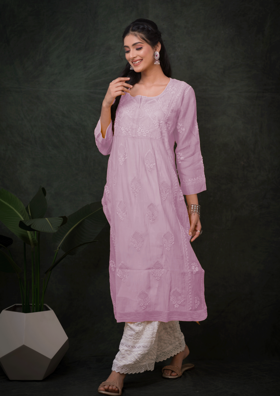 Mul Chikankari Long Kurti - Lavender Milk