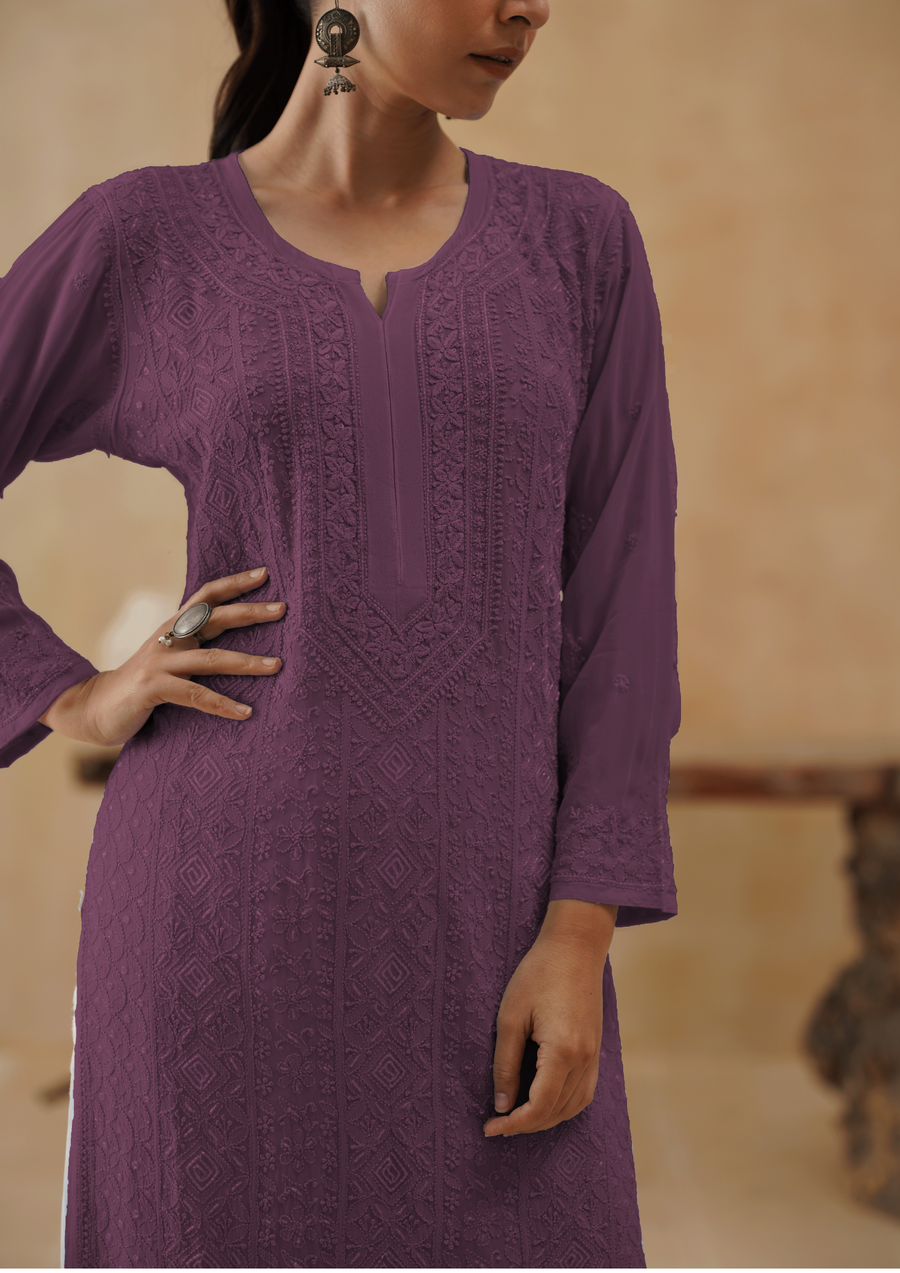 Georgette Chikankari Long Kurti- Plum Violet