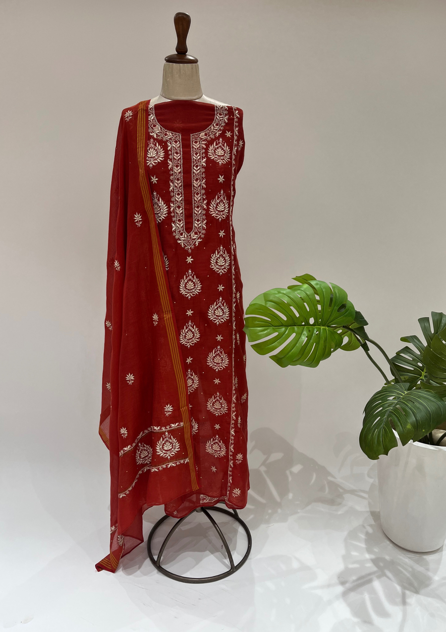 Mul Chanderi Chikankari Unstitched Suit - Blood Red