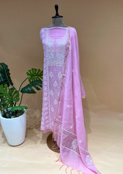 Chikankari Mul Chanderi Unstitched 2pc Suit - Cotton Candy