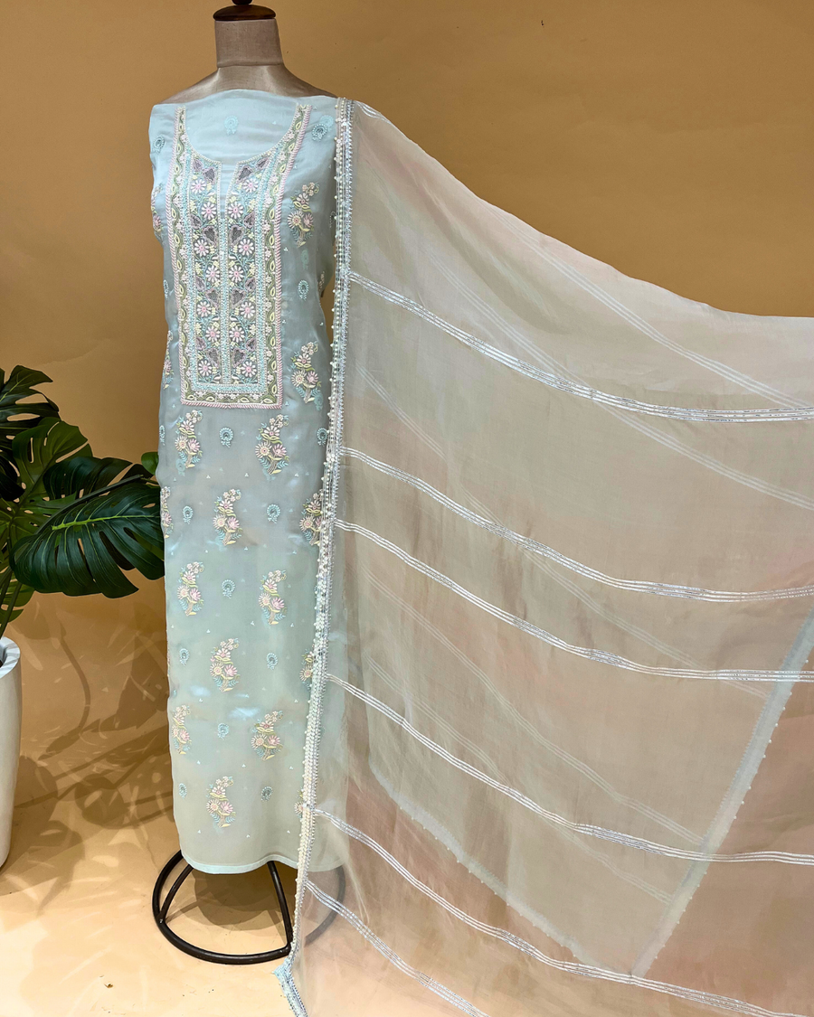 Organza Chikankari Unstitsched Kurta And Dupatta Set - Sea Blue