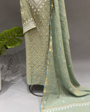 Banarsi Chanderi Chikankari Semistitch 2pc Suit - Tomatillo Green
