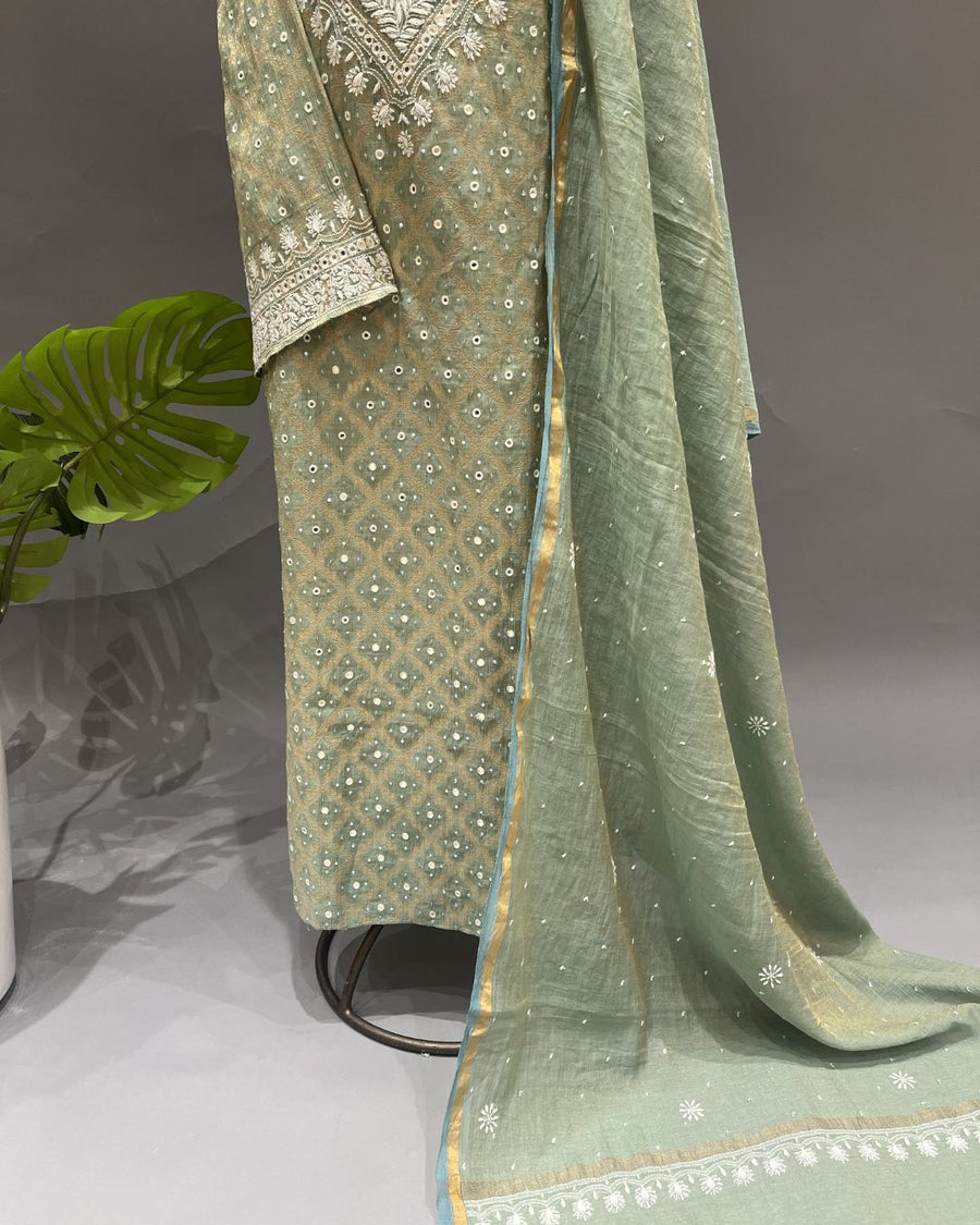 Banarsi Chanderi Chikankari Semistitch 2pc Suit - Tomatillo Green
