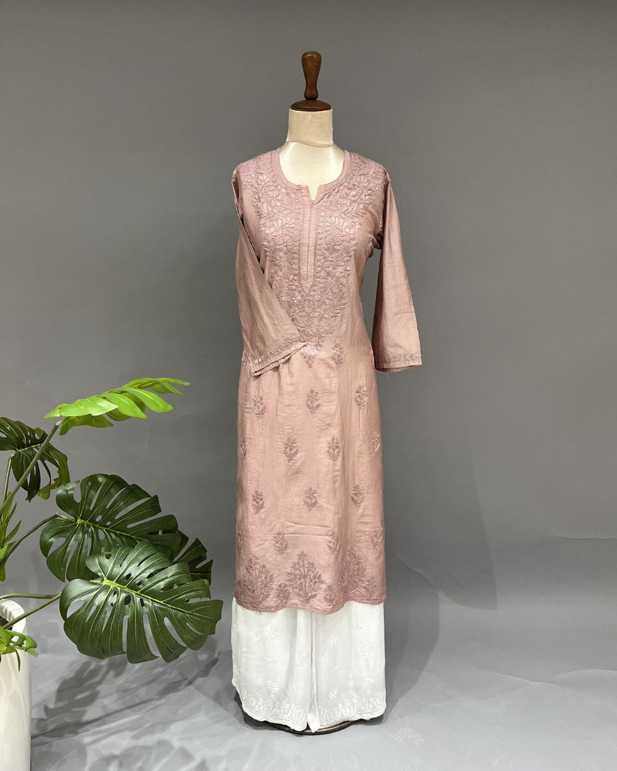 Chanderi Chikankari Long Kurti - Apricot