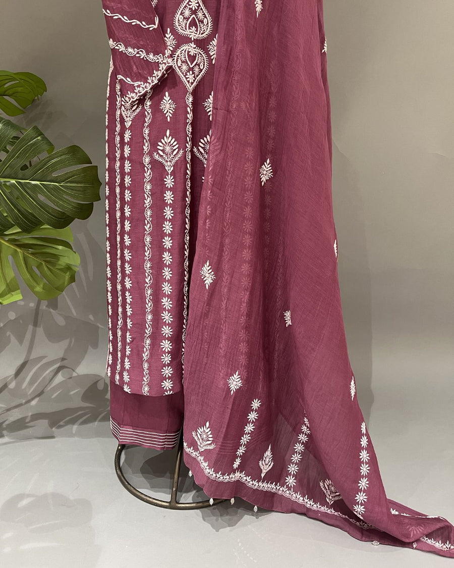 Mul Chanderi Chikankari Stitch 3 pc Suit - Wine