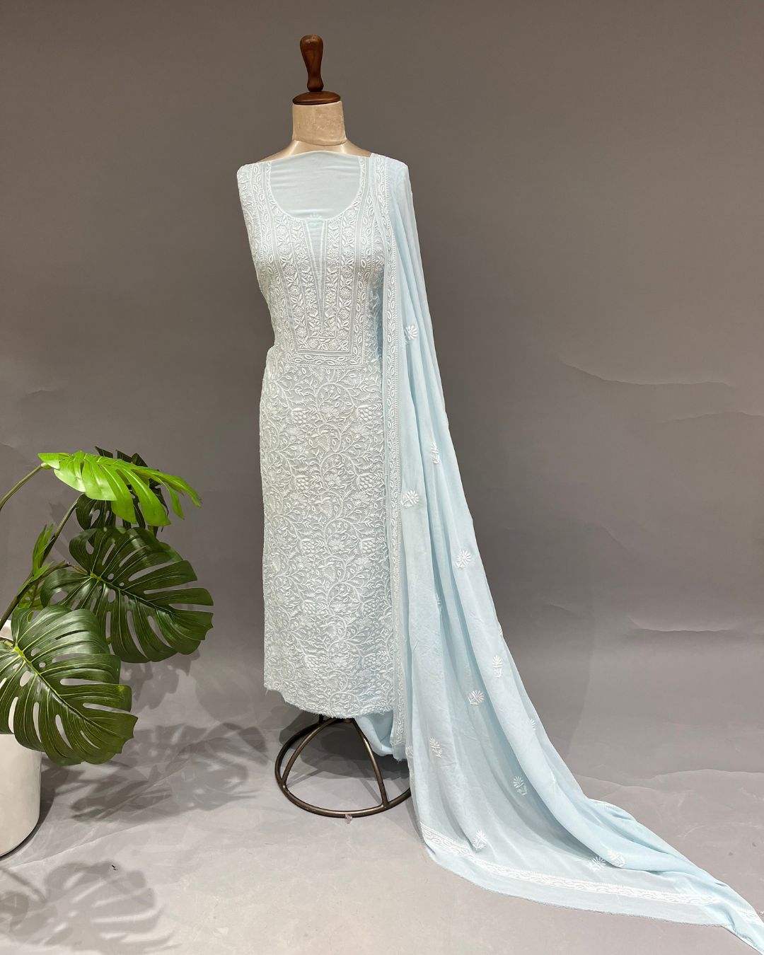 Pure Georgette Chikankari Unstitched 2pc Suit - Periwrinkle Blue