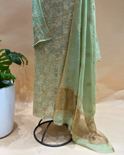 Chikankari Semistitched Tissue Straight Suit Set  - Jade Green