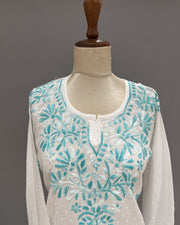 Cotton Chikankari Short Kurti - White & Sky Blue