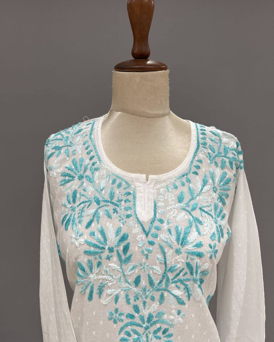 Cotton Chikankari Short Kurti - White & Sky Blue