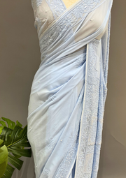 Chikankari Viscose Saree-Powder Blue
