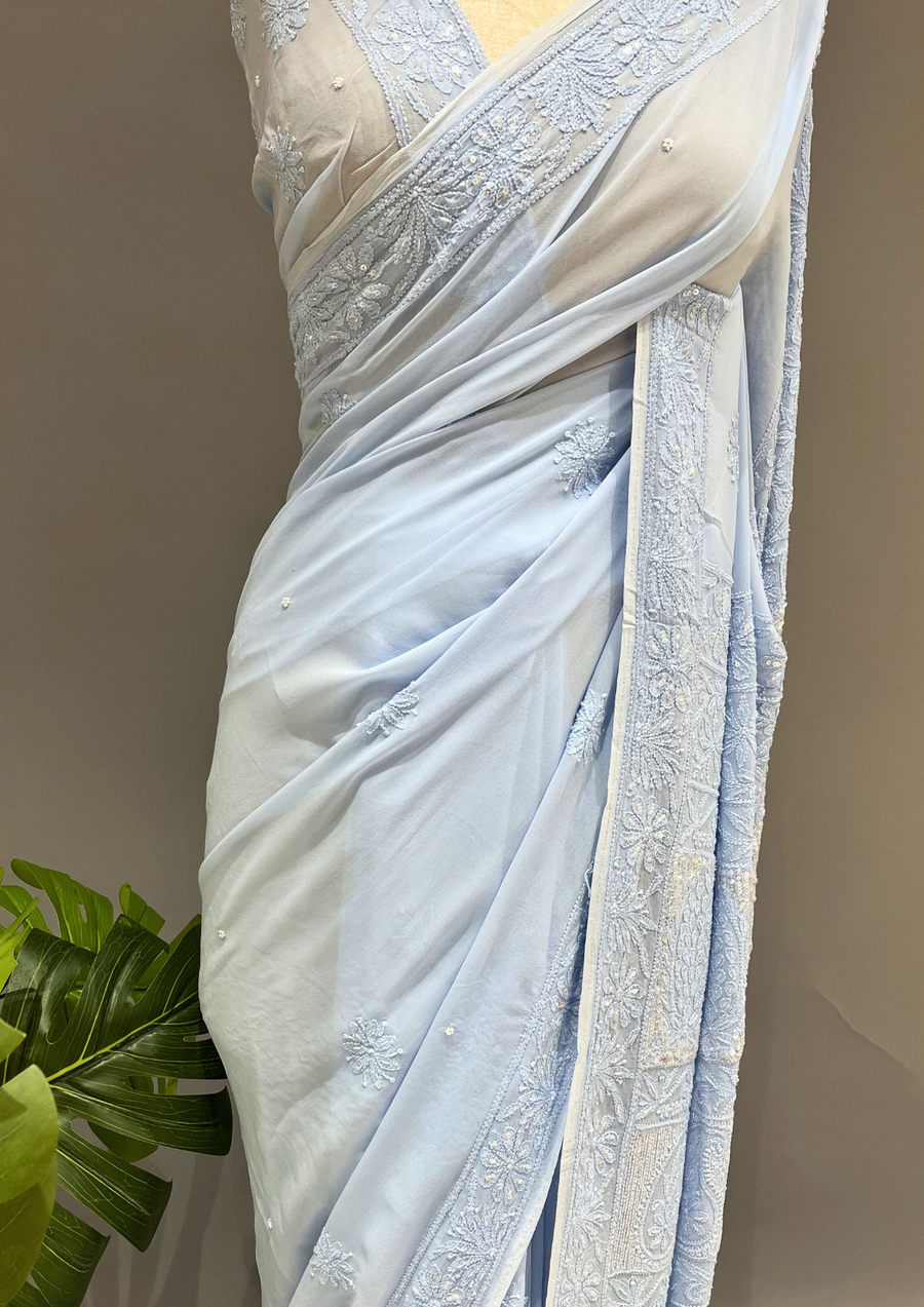 Chikankari Viscose Saree-Powder Blue