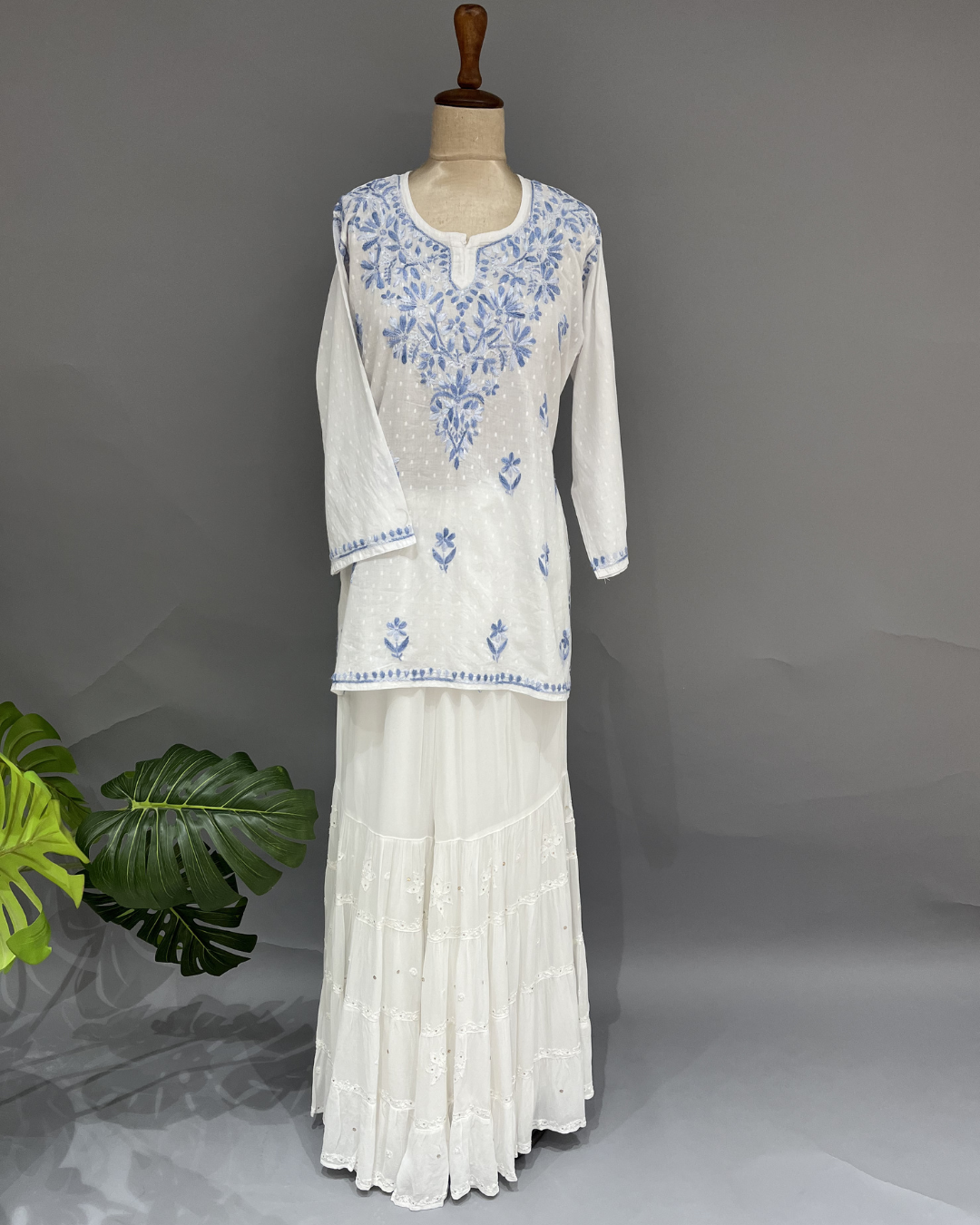 Cotton Chikankari Kurti - White and Blue