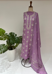 Mul Chanderi Chikankari unstitched Suit - Mauve