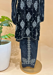 Velvet Chikankari Semistitched Co-ord Set - Black