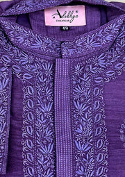Munga Silk Chikankari Stitched Mens Kurta - Purple