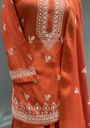 Chikankari Mul Chanderi Sharara Suit SET - Vermillion Orange