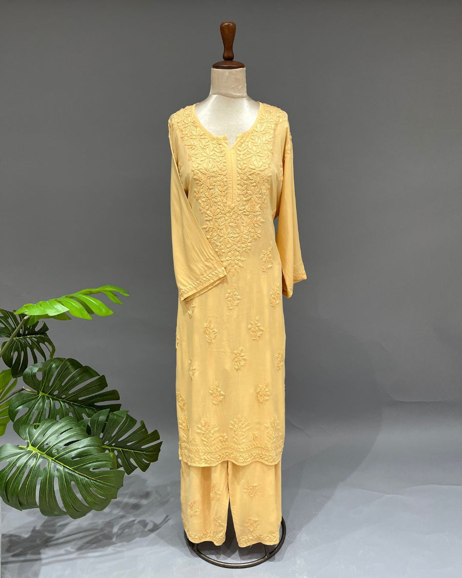 Rayon Chikankari Kurta and Bottom set - Mustard Yellow