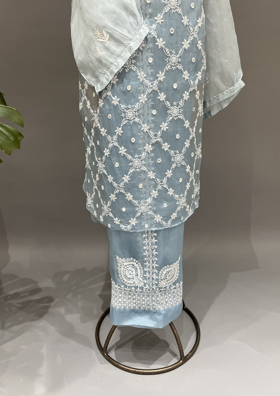 Organza Chikankari Semistitch Co-ord Set - Powder Blue