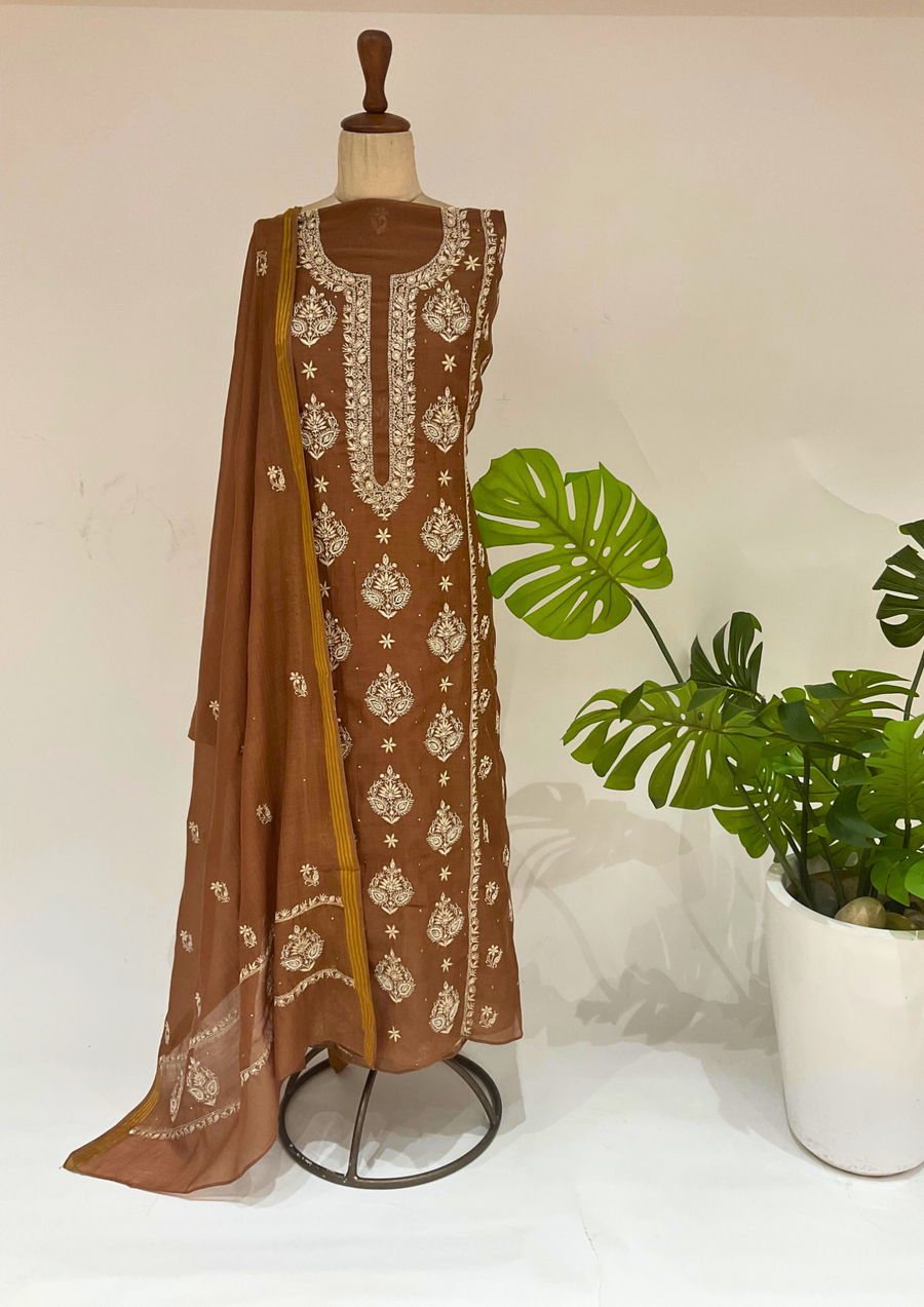 Mul Chanderi Chikankari Unstitched Suit - Brown