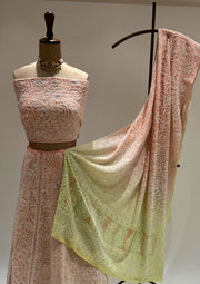 Pure Georgette Chikankari Unstitched Lehenga - Peach and Lime Green