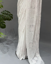 Viscose Chikankari Saree - White & Pink