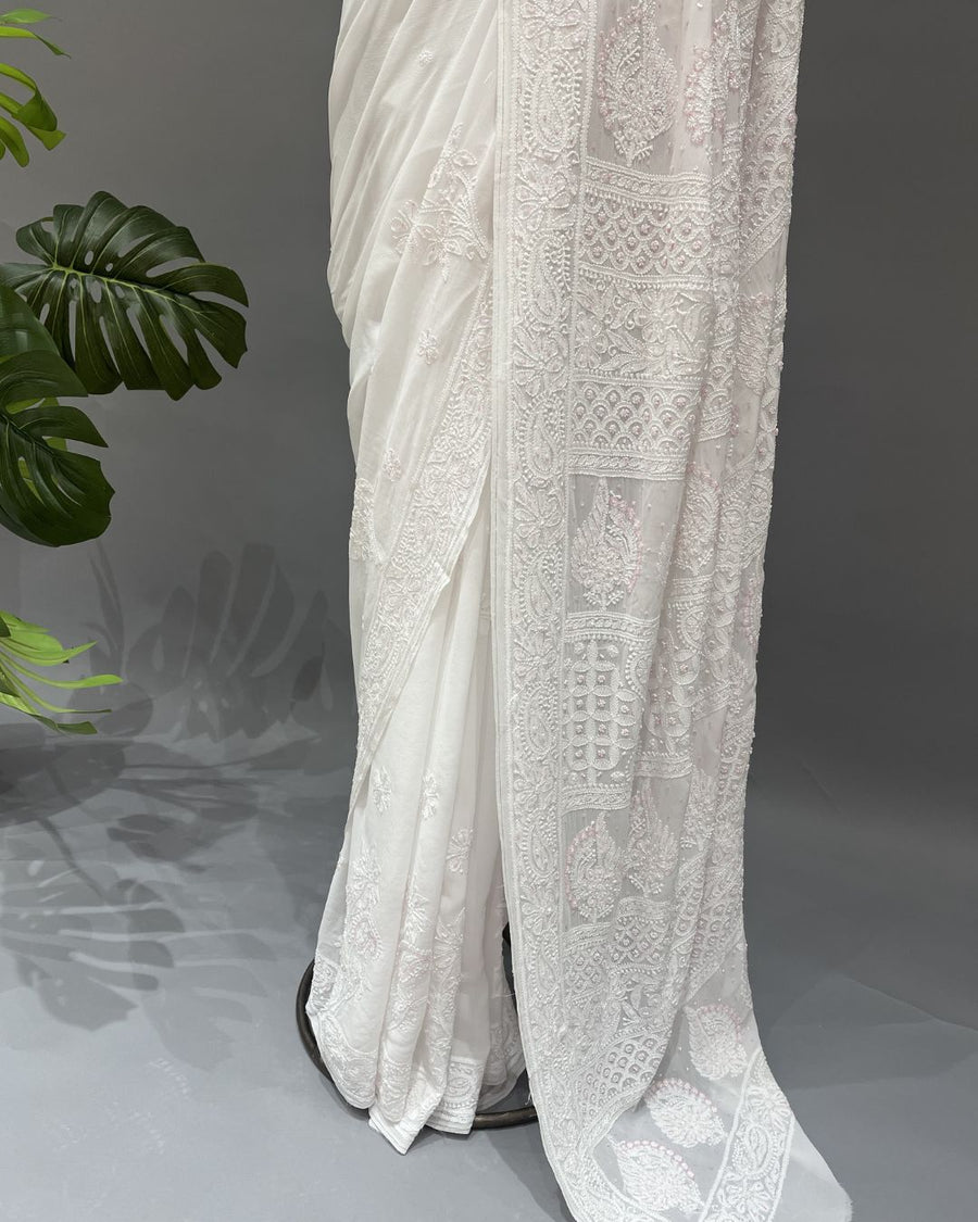 Viscose Chikankari Saree - White & Pink