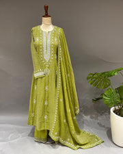 Tissue Chikankari 3pc Stitched Anarkali - Olive Green