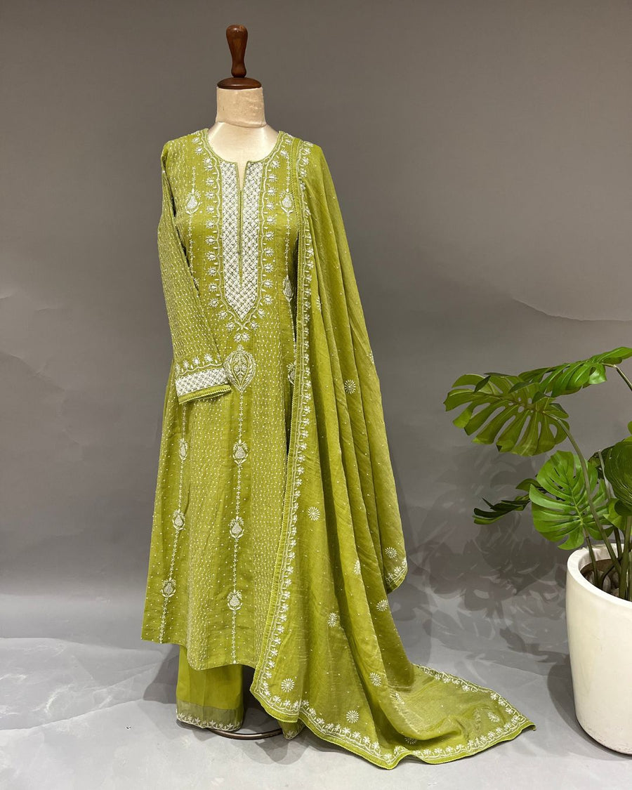 Tissue Chikankari 3pc Stitched Anarkali - Olive Green