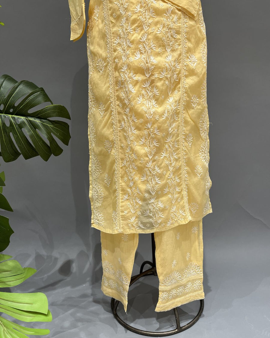 Chanderi Chikankari Co-ord Set - Banana Yellow