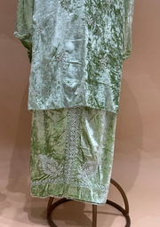 Velvet Chikankari Unstitched Coord Set - Mint Green