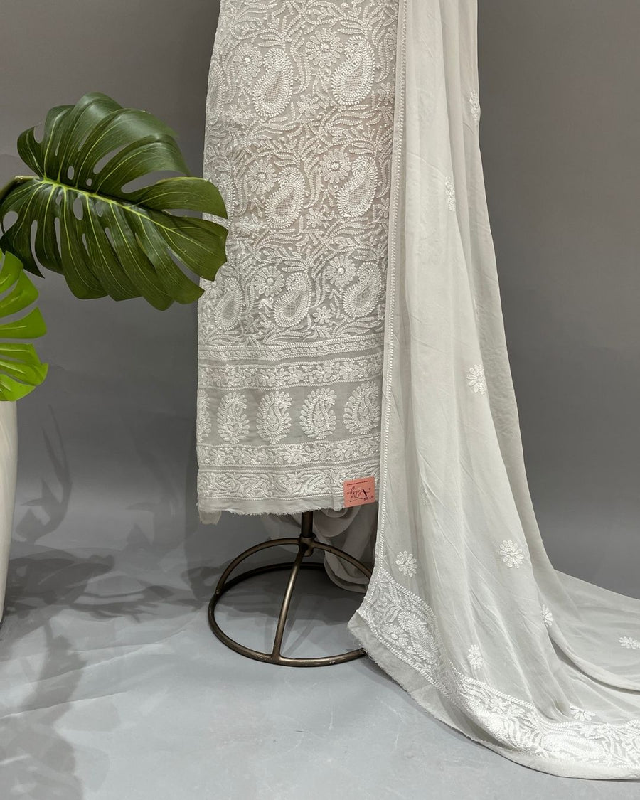 Viscose Georgette Chikankari Unstitched Anarkali - Silver Grey