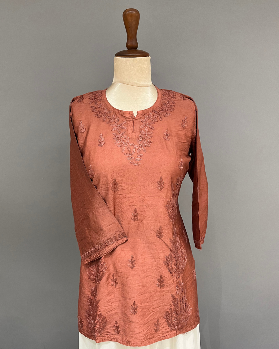Chanderi Chikankari Short Kurti - Rust Brown