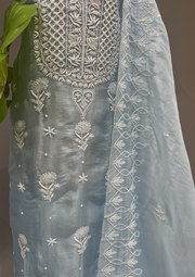 Organza Chikankari Unstitched Suit Set - Powder Blue
