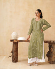 Mul Chikankari Long Kurti - Olive Green