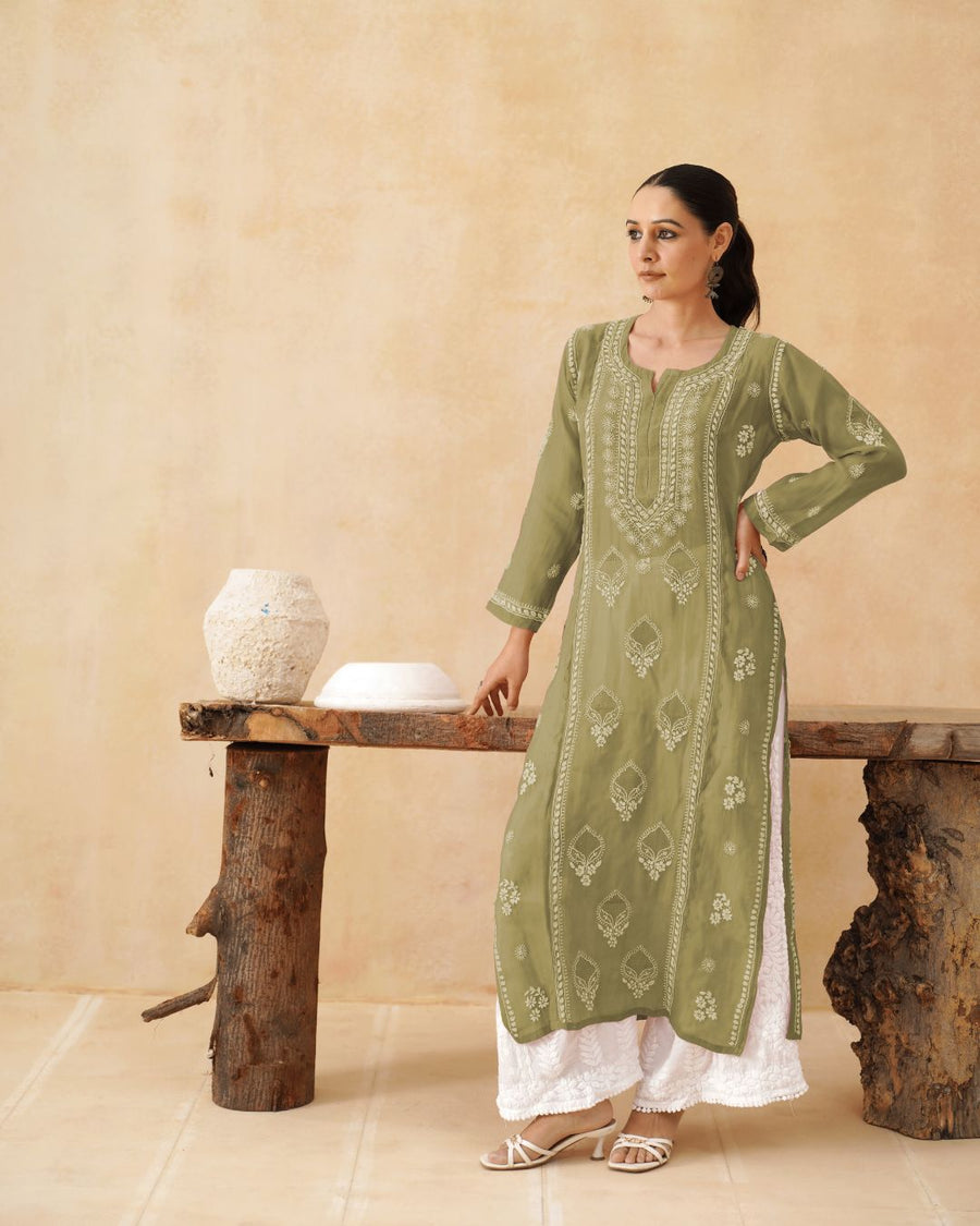 Mul Chikankari Long Kurti - Olive Green