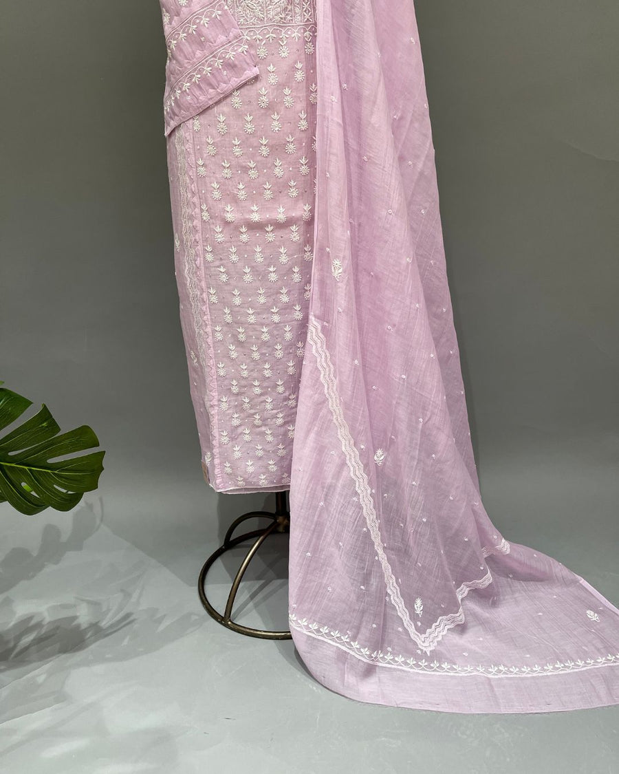 Mul Chanderi Chikankari Unstitched 2pc Suit - Mauve