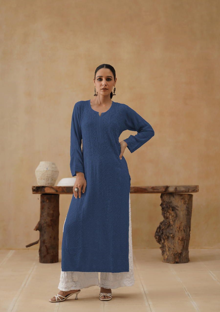 Georgette Chikankari Long Kurti - Midnight Blue