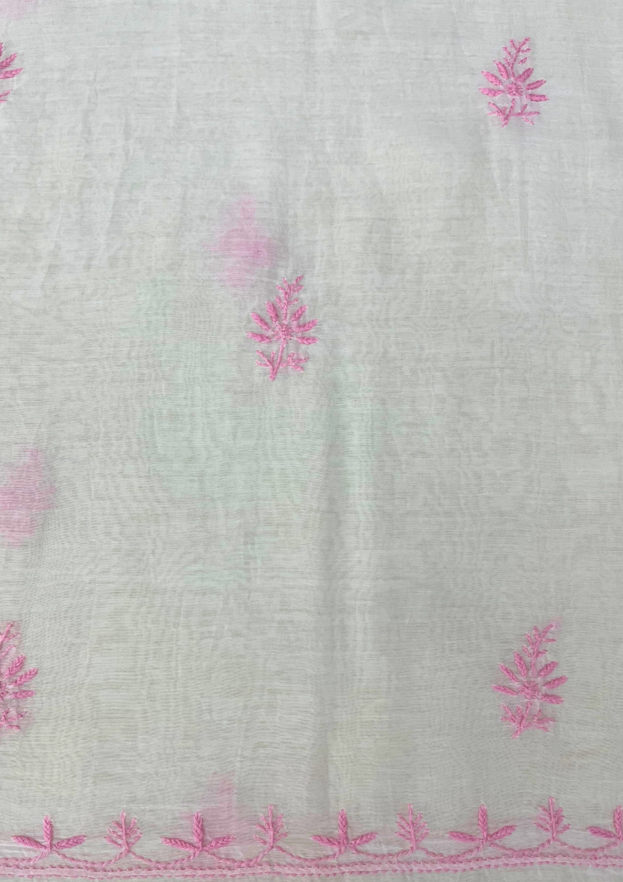 Chikankari Mul Chanderi Unstitched 2Pc Suit - White and pink