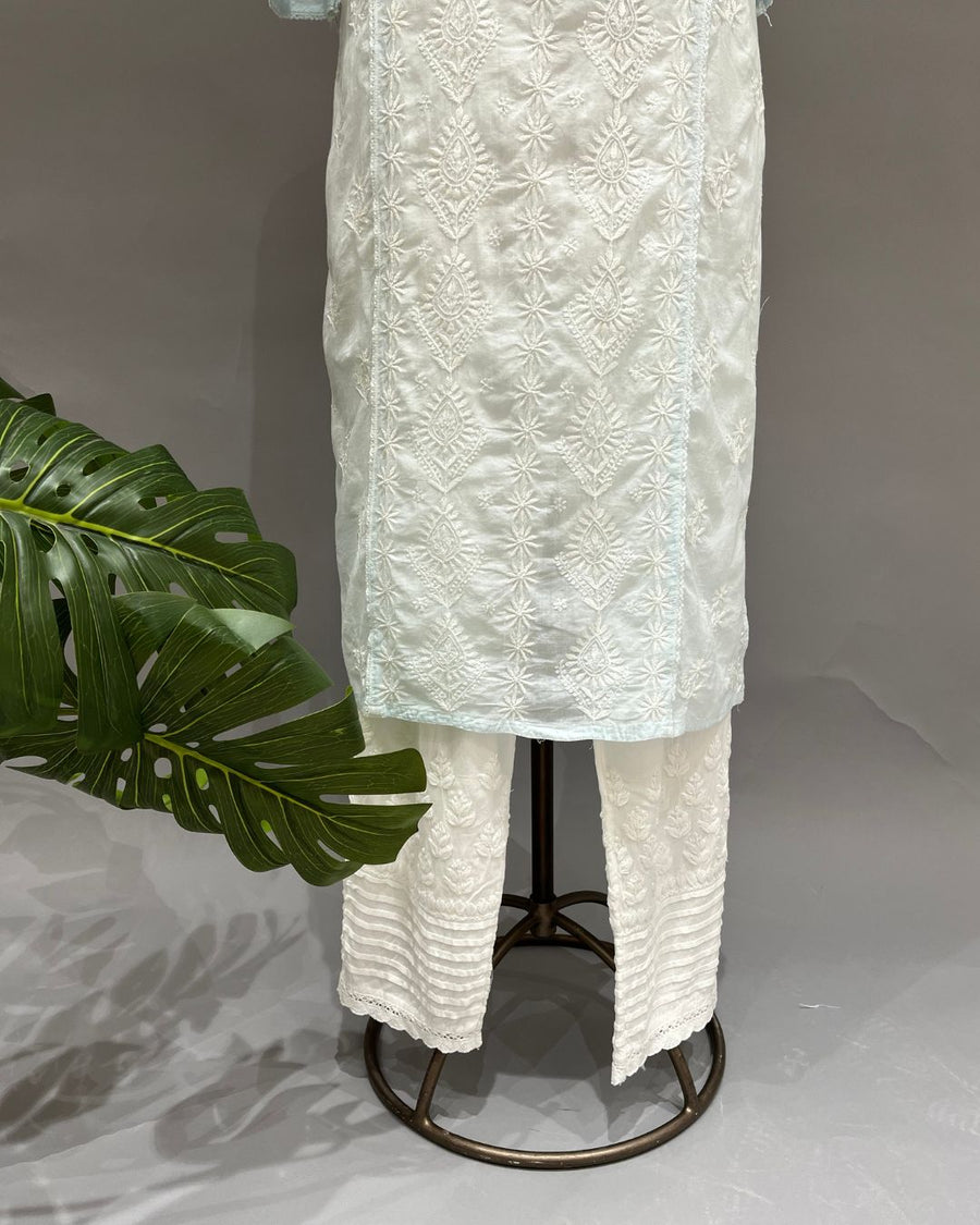 Mul Cotton Chikankari Long Kurti - Powder Blue
