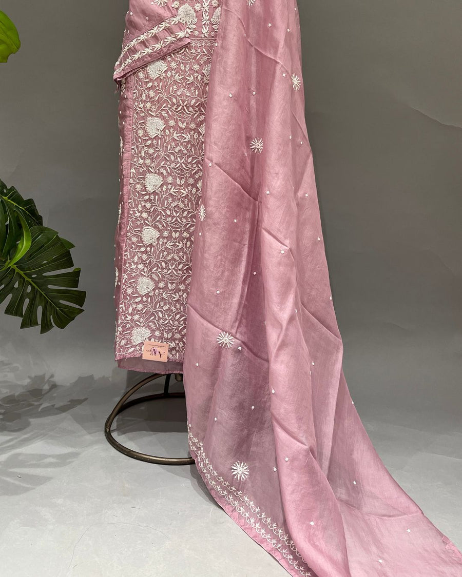 Organza Chikankari Unstitch 2pc Suit - Dusty Mauve