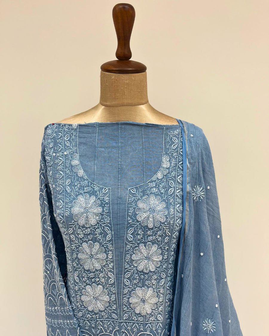Tissue Chikankari Unstitched Anarkali - Bluebird