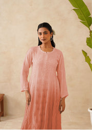 Muslin Chikankari Long Kurti - Ombre Rose Gold