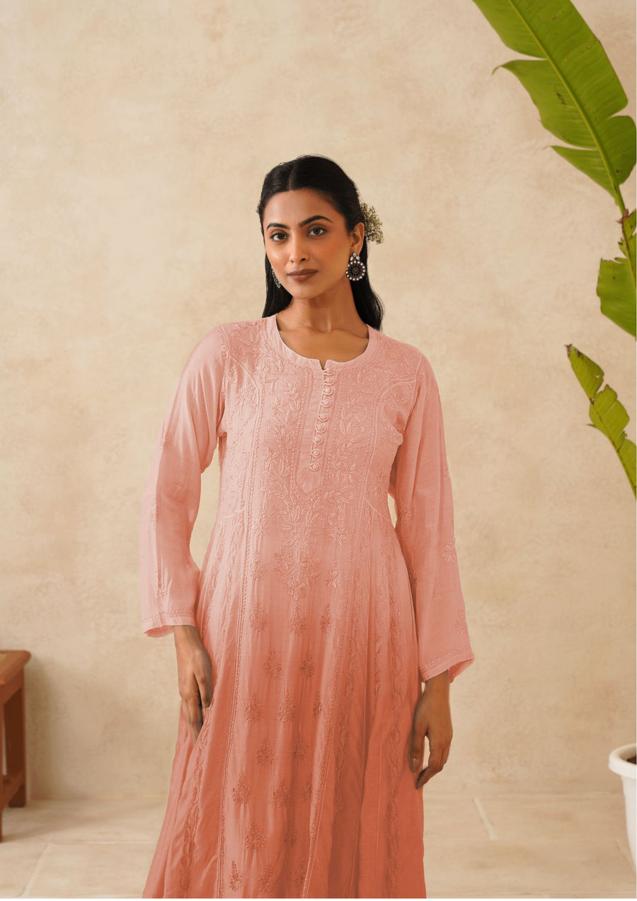 Muslin Chikankari Long Kurti - Ombre Rose Gold