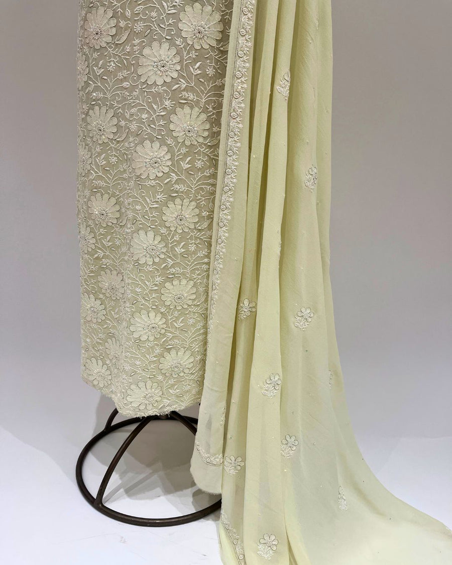 Pure Georgette Chikankari Unstitched 2pc Suit - Lime Yellow