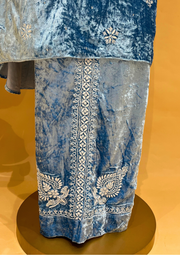 Velvet Chikankari Unstitched Coord Set - Ice Blue